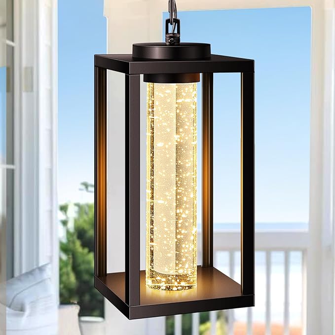 VIANIS Large Outdoor Pendant Light with Adjustable Chain 100% Aluminum Exterior Hanging Light Fixture Farmhouse Oil Rubbed Bronze Outdoor Porch Chandelier Built-in 10W LED Porch Hanging Lights