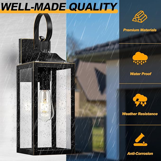 Large Dusk to Dawn Outdoor Wall Light 19 Black Outside Farmhouse Wall Sconce Industrial Wall Mount Light Fixture Waterproof Modern Porch Lighting Exterior Lamp for House -with Gold Trim