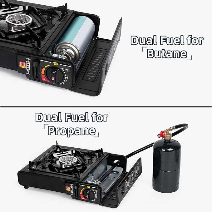 SHINESTAR Dual Fuel Stove with Butane &amp Propane Compatibility Portable Camping Stove for Outdoor Cooking Propane Adapter Hose and Carrying Case Included 7800 BTUs Output
