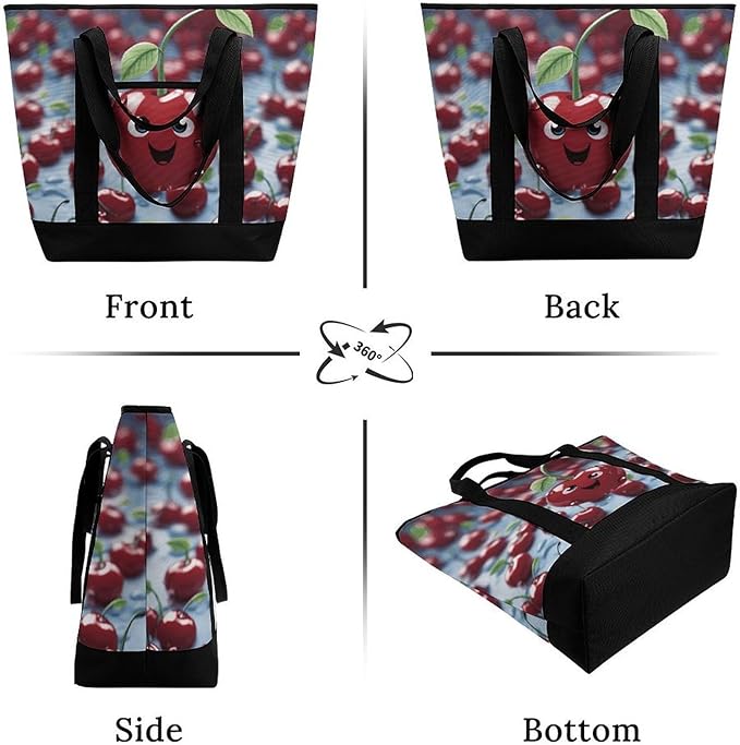 Insulated Shopping BagLarge Reusable Cooler Bags Cartoon Cherry Printed Foldable Shopping BagTravel Waterproof Shoulder Bag
