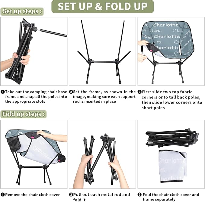 Custom Camping Chair Personalized Portable Backpacking Chair with Name Lightweight Folding Chair for Beach Hiking Grey Blue