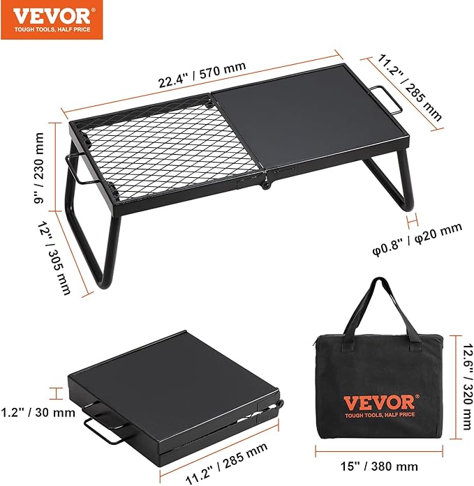 VEVOR Folding Campfire Grill Heavy Duty Steel Mesh Grate 22.4 Portable Camping Grates Over Fire Pit Camp Fire Cooking Equipment with Legs Carrying Bag Grilling Rack for Outdoor Open Flame Cooking