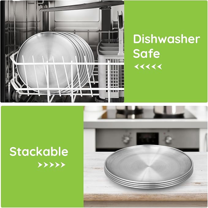 Metal Camping Plates 6 Pack 9.1 inch 304(18/8) Stainless Steel Plates Reusable Pizza Food Serving Snack Eating Salad Dishes Round Shatterproof Plate Silver Dinnerware Dinner Oven Safe