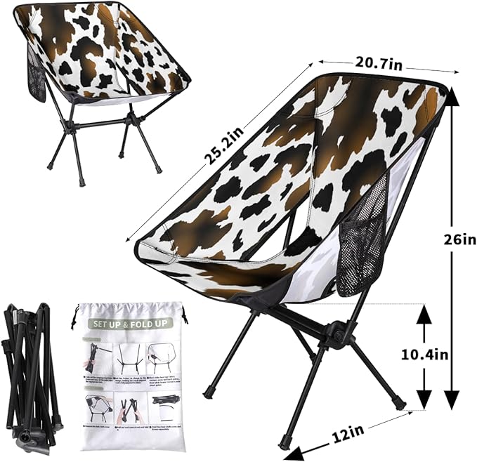 Animal Cow Pattern Print Black Camping Chair Lightweight Portable Chairs for Adults Easy Installation Outdoor Foldable Camping Chair for Camping Fishing Hiking Picnic Beach