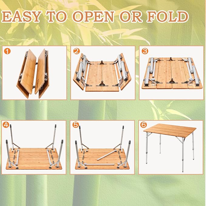 KingCamp Bamboo Folding Table Environmental Camping Table with Adjustable Height Aluminum Legs Heavy Duty 4-Folds Portable Camp Tables for Travel Picnic Party Beach 1-2 People