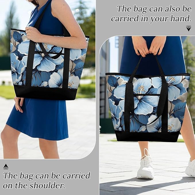 Insulated Shopping BagLarge Reusable Cooler Bags Blue Hibiscus Flower Printed Foldable Shopping BagTravel Waterproof Shoulder Bag