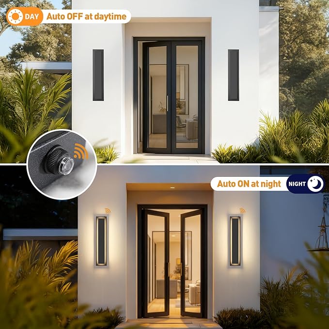 tewei 23.6'' Dusk to Dawn Outdoor Wall Lights Modern Black LED Outdoor Wall Sconce Large Long Exterior Lighting Fixtures Outside Porch Lights for House Garage Warm White 3000K 1 Pack