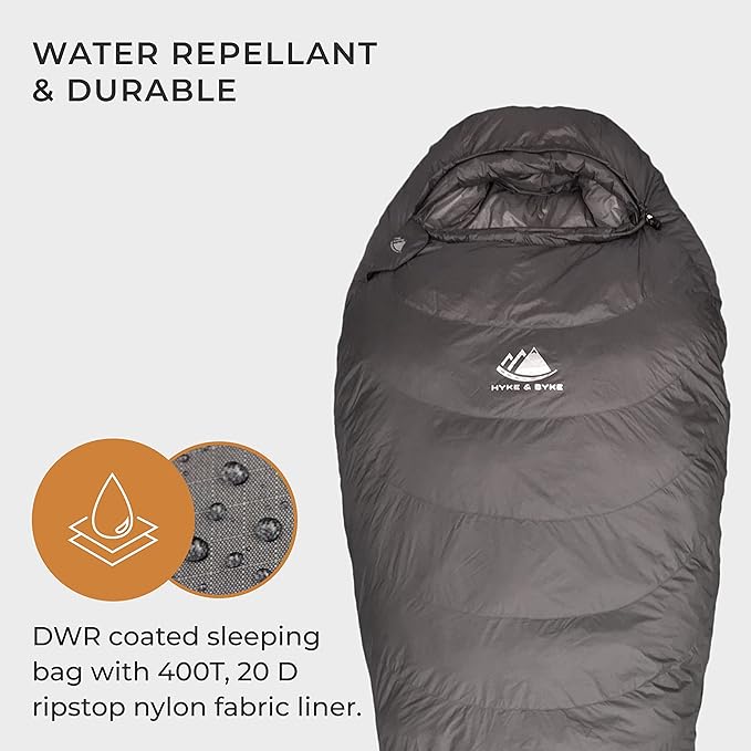 Hyke &amp Byke Katahdin 32 F Hiking &amp Backpacking Sleeping Bag - 4 Season 625FP Ultralight Sleeping Bag - Water Resistant - Charcoal Gray - Long