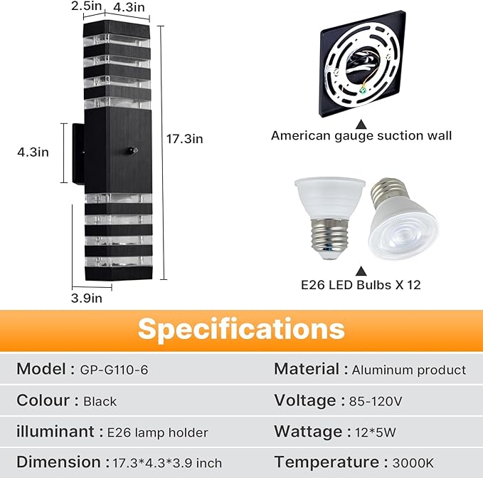 6 Pack Outdoor Wall Light with Dusk to Dawn Sensor IP65 Waterproof Modern Exterior Lighting Fixtures Up Down Black Porch Lights Outdoor for House Garage Patio