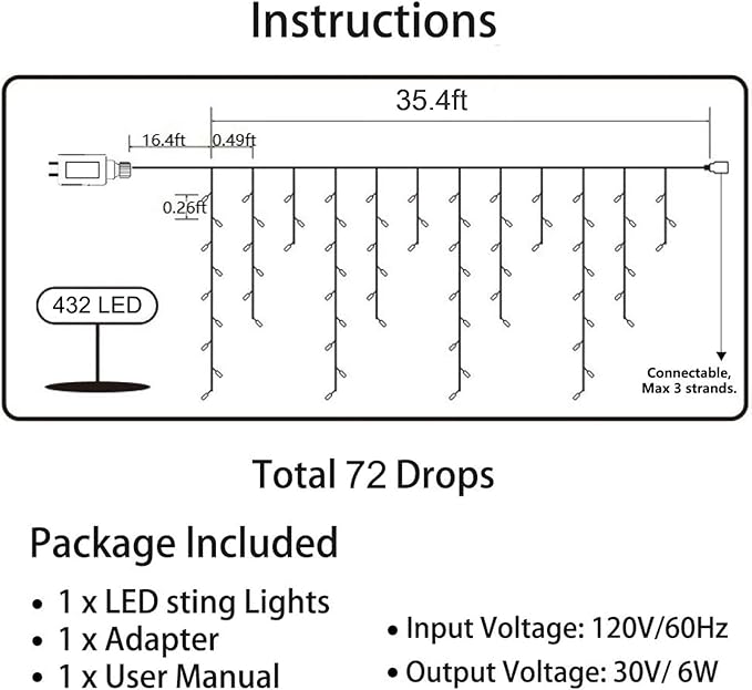 LYHOPE Icicle Christmas Lights 432 LED 35.4ft 8 Modes Icicle String Lights with 72 Drops Window Curtain Fairy Lights for Xmas Eaves Wedding Garden Outdoor Indoor Decor (Clear White)