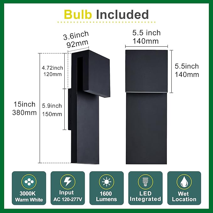 Modern Porch Lights with 2 PackOutdoor Indoor Integrated LED Wall Lights2-Light Total 17W3000K Textured Black FinishOutside Lights Waterproof for House Front Door Patio Garage