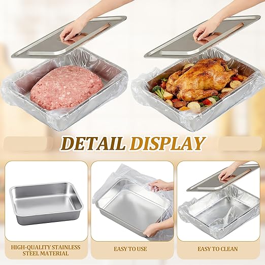 2 Pack 13 L Stainless Steel Commercial Bus Tubs with Lid and 50 Pack Plastic LDPE Meat Lug Liners Food Grade Meat Processing Tubs Lug for Dishwashing Kitchen Restaurant Utility