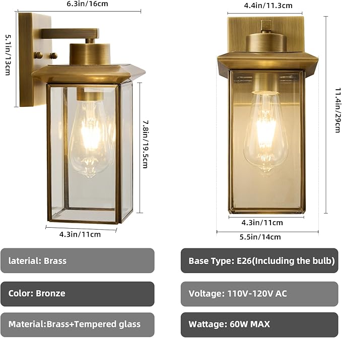 Brass Outdoor Wall Light Fixtures Exterior Waterproof Lanterns Porch Wall-Mounted Lights with E26 Socket and Glass Shade – Modern Rustproof Wall Sconces for Yard Front Door &amp Entryway.2-Pack