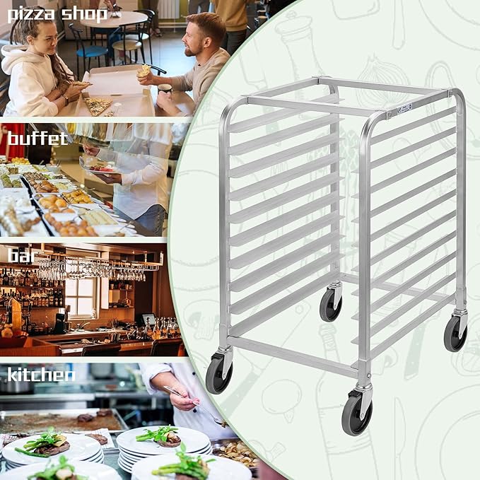 HALLY SINKS &amp TABLES H Bun Pan Rack 10 Tier with Wheels Commercial Bakery Racking of Aluminum for Full &amp Half Sheet - Kitchen Restaurant Cafeteria Pizzeria Hotel and Home 26 L x 20 W x