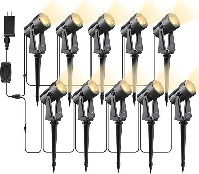 Svater Landscape Lighting Low Voltage 10 Pack Outdoor Spotlights with Transformer Plug in LED Spot Lights for Garden Backyard House 3000K Warm White Super Bright 3W 250Lumem Black