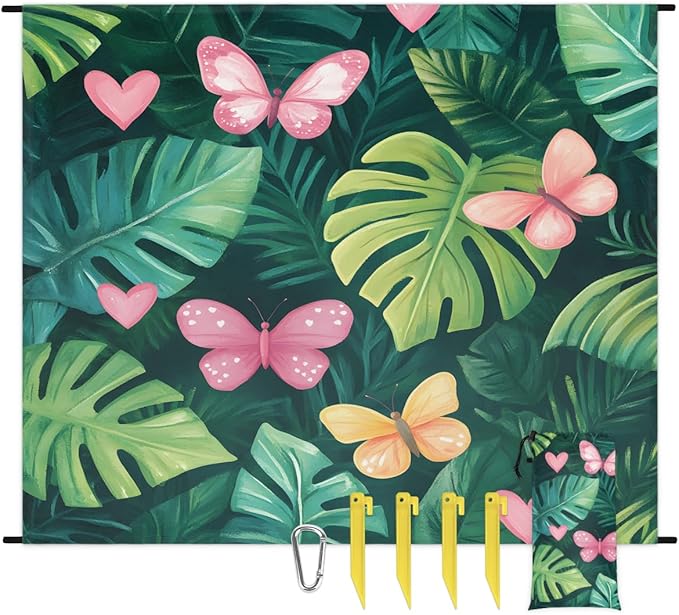 Waterproof Sandproof Beach Blanket 59''×68'' Artificial Palm Leaves Polyester Outdoor Picnic Blanket with 4 Stakes &amp Storage Bag for BeachCampingVacation Green