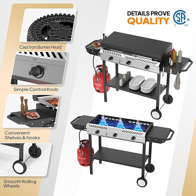 Bonnlo 2-in-1 Propane Stove and Griddle 3 Burner Outdoor Gas Cooker with Iginition Storage Shelf and Portable Wheels 225000BTU Output Camping Stove for Backyard Cooking BBQ Frying and Boiling