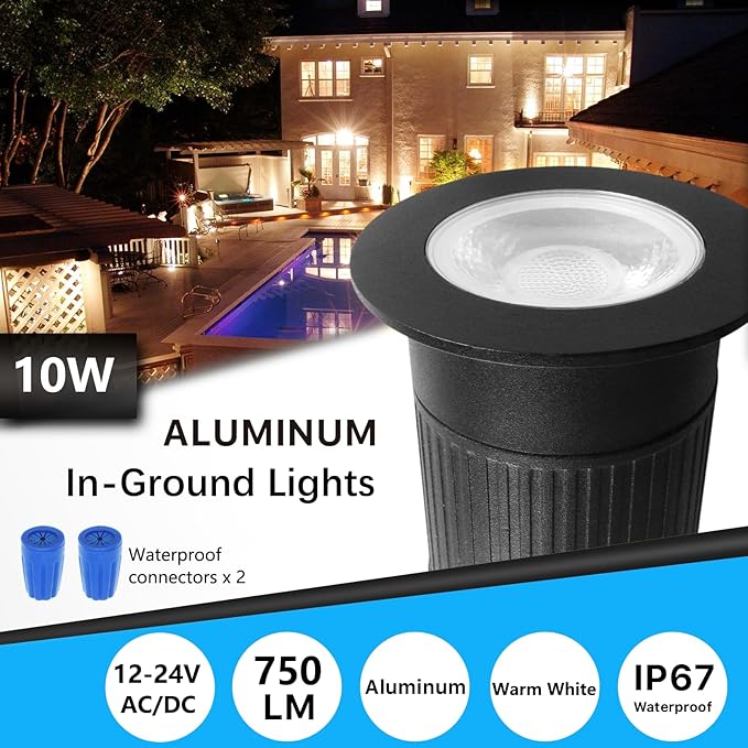 RNEHON 10W LED In-Ground Lights Aluminum Low Voltage 12-24V AC/DC Ground Lights IP67 Waterproof Recessed LED Outdoor Landscape Well Lighting for Yard Lawn Garden Pathway Patio (1 Pack)