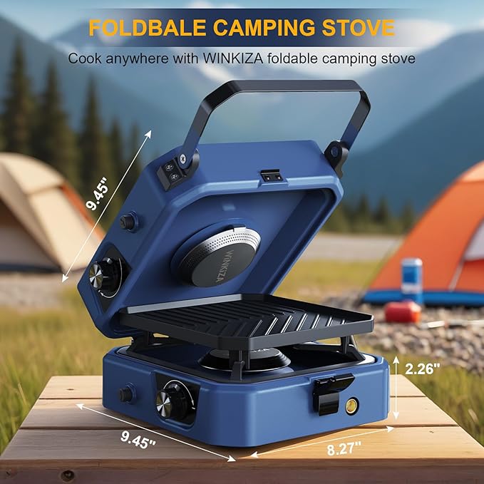 Upgraded WINKIZA 2 Burner Propane Camping Stove with Grill Foldable Camp Stove with 16000 BTU Two Adjustable Burners with Piezo Ignition &amp Easy Carrying Handle Portable Stove for Camping BBQ