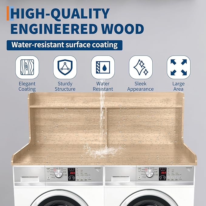 2 Tier Washer Dryer Countertop with Shelf54x27.5in Waterproof Wood Organizer Rack with StorageSpace-Saving Leader for Laundry RoomNatural Wood