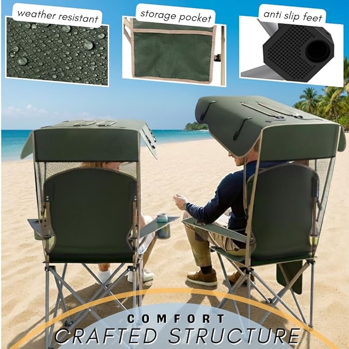 Portable Folding Camping Chairs with Canopy Shade Beach Chair for Adults Durable Weather Resistant 600D Oxford Cloth Camping Chair with Canopy for Outdoors [Olive Green-2 Pack]