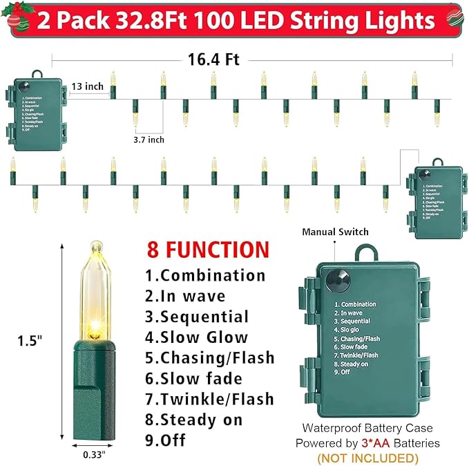 2 Pack 100 LED Outdoor Christmas Lights 35FT Battery Operated Mini String Lights with 8 Modes &amp Timer Xmas Tree Lights Waterproof for Patio Garden Party Wedding Holiday Decor Warm White