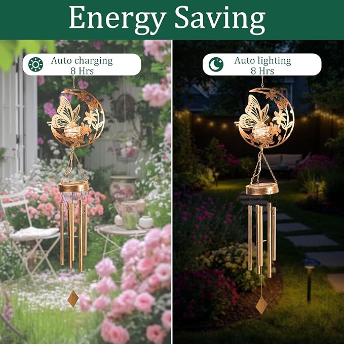 Butterfly Wind Chime for Outside - Elegant Moon &amp Floral Design Handmade Aluminum Wind Chimes for Garden/Lawn Soothing Porch Bells Perfect Mother's Day/Birthday Gift for Women Butterfly Collect