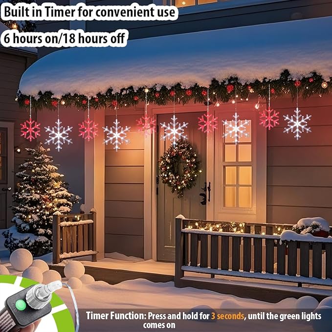 Christmas Snowflake Icicle Lights-9ft 150LED Twinkling Christmas Lights with Timer Waterproof Connectable Hanging 10 Drop for Eave Window Porch Xmas Indoor Outdoor Decoration (Red and White)