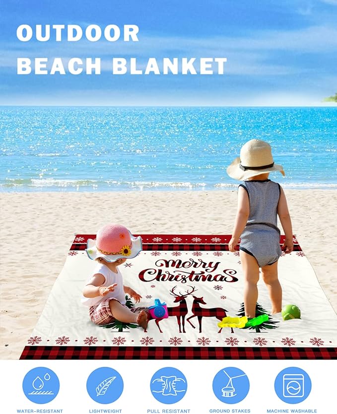 Beach Blanket Waterproof Sandproof Christmas Buffalo Plaid Elk Xmas Tree Quick Drying Beach Mat with 4 Stakes Retro White Red Snowflake Lightweight Picnic Blanket for Travel Camping 108x84