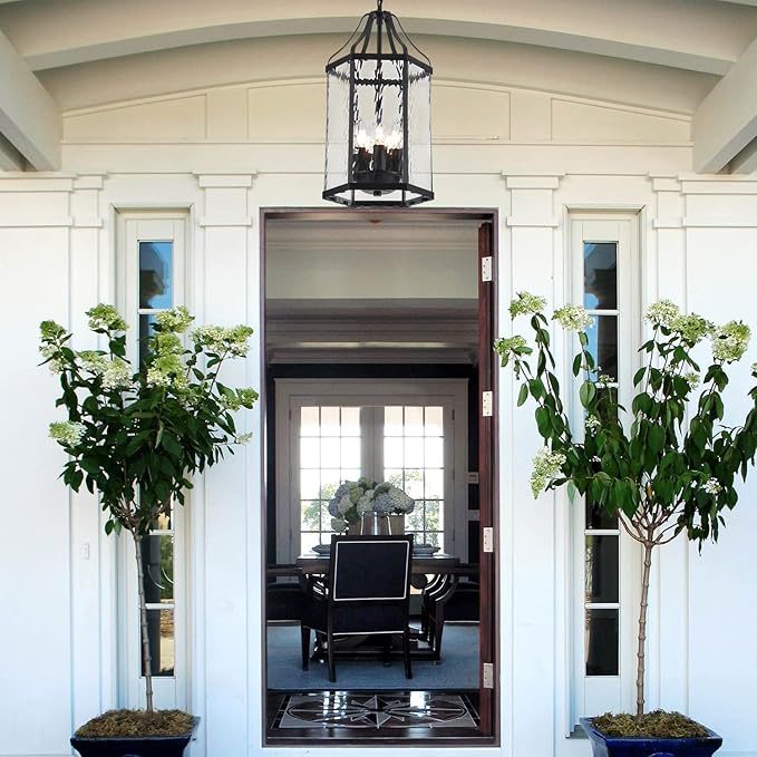 10 Modern 5-Light Exterior Black Lantern Pendant Light Fixture with Clear Rippled Glass Mini Industrial Hanging Cage Chandelier for Outdoor Kitchen Dining Room Hallway Entryway Foyer Porch