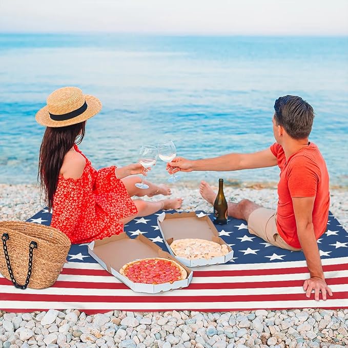 American Flag Beach Blanket Sandproof Beach Mat 68 x 59 Waterproof Quick Drying Sand Free Mat with 4 x Ground Spikes for Outdoor Travel Camping Hiking America 4th of July