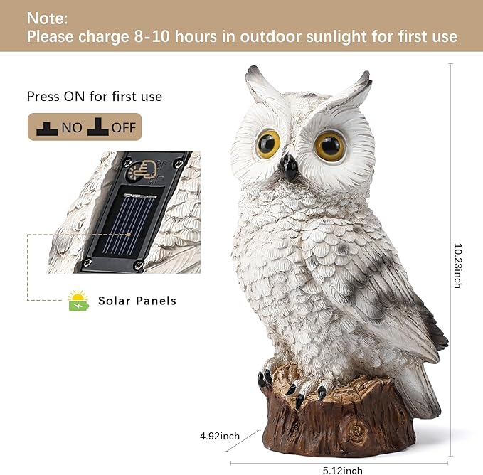 Solar Owl Garden Statues Outdoor Decor Resin Owl Figurine with LED Lights Owl Sculpture for Porch Patio Lawn Yard Decorations Christmas Housewarming Gifts for Women MomWhite Owl