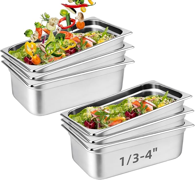 6 Pack 1/3 Size Steam Table Pan Set4 Deep Hotel Pans Anti Jam Stainless Steel Food Pan for RestaurantsCateringHotel BuffetHomeParty