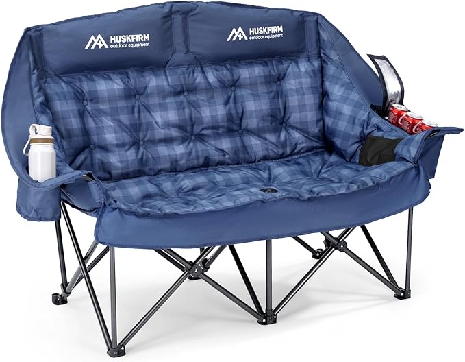 Padded Double Camping Chair High Back 2 Person Camping Chair Oversized Camping Loveseat Support 800LBS Heavy Duty Camping Couch with Cup Holders Cooler Carry Bag Blue