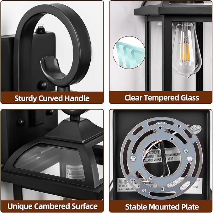 2-Pack Outdoor Wall Lights Dusk to Dawn 15 Inch Aluminum Anti-Rust Exterior Light Fixture with IP65 Clear Tempered Glass Large Outside Wall Sconce Lanterns for House Matte Black