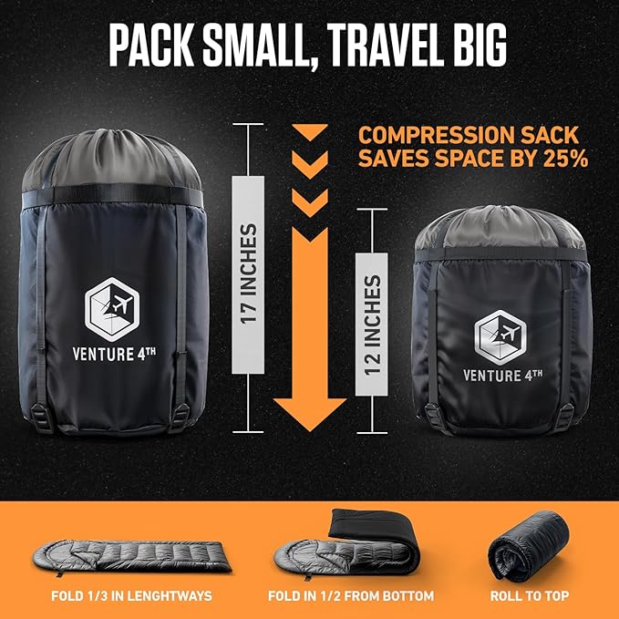 VENTURE 4TH Backpacking Sleeping Bag – XXL Double and Single Sizes - Lightweight Warm &amp Cold Weather Sleeping Bags for Adults Kids &amp Couples – Ideal for Hiking Camping &amp Outdoor Adventu