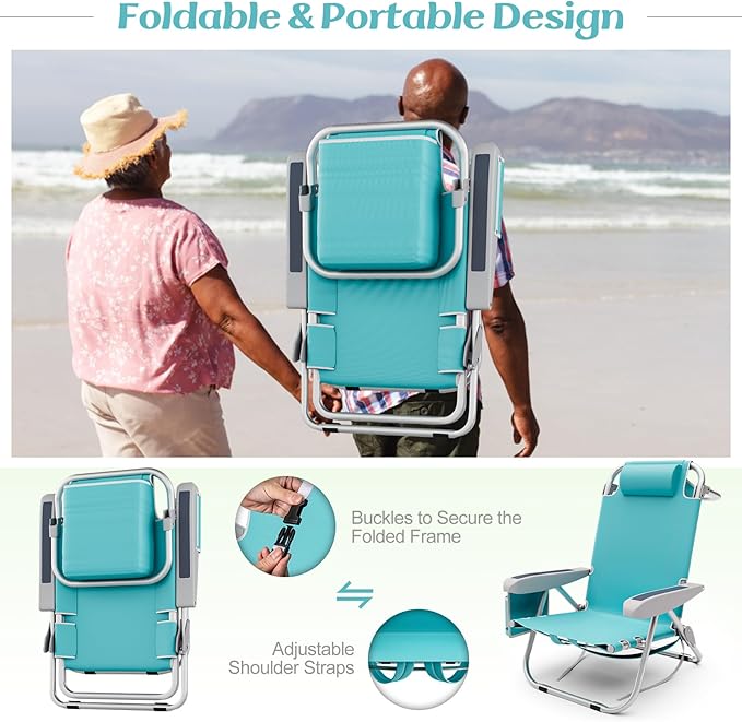 Tangkula Set of 4 Backpack Beach Chair 5-Position Lightweight Folding Lay Flat Beach Chairs with Storage Bag 2 Cup Holders Towel Bar Backpack Straps