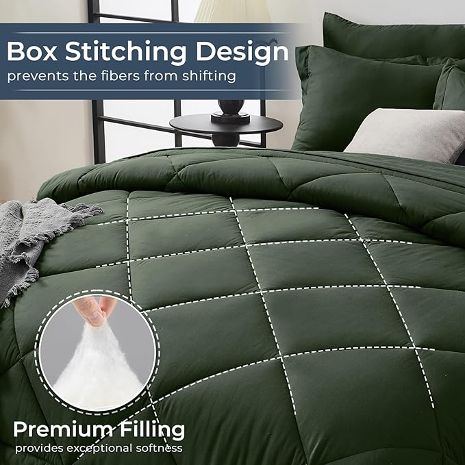 HEVUMYI Army Green California King Comforter Set - 7-Piece All Season Bed in a Bag Cal King Ultra Soft Bedding Set with Comforter Flat Sheet Fitted Sheet Pillowcases Pillow Shams