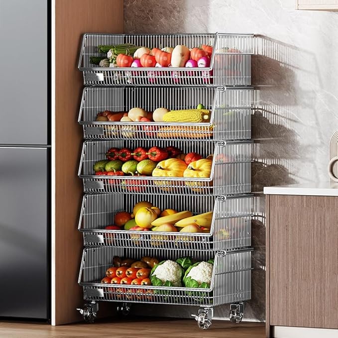 zktoermn Metal Basket Organizer Open Storage Shelves with Wheels Space-Saving Store Organization Shelf for Grocery Stores Supermarkets Bakery(50x29x90cm)