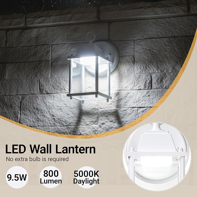 LIT-PaTH Outdoor LED Wall Lantern Wall Sconce as Porch Light 9.5W 800 Lumen Aluminum Housing Plus Glass 5000k-Matte White Finish 1-Pack