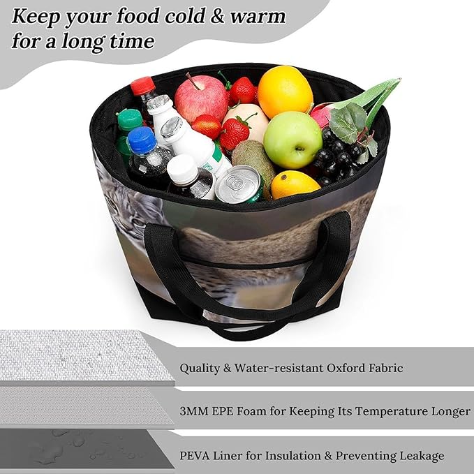Insulated Shopping BagLarge Reusable Cooler Bags Wild Bobcat Printed Foldable Shopping BagTravel Waterproof Shoulder Bag