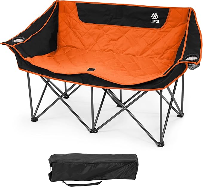 Elevon Camping Chair Oversized Loveseat Double 2 Person Outdoor Chair with Arms Cup Holder and Carry Bag Heavy-Duty Collapsible Chair for Outside Orange