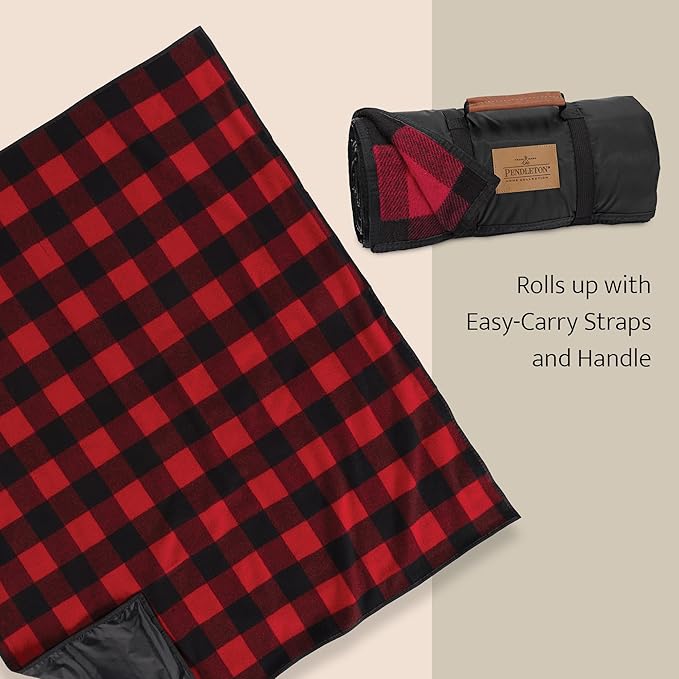 Pendleton Roll-Up Travel Blanket 60” x 70” Durable Wool Blanket with a Waterproof Nylon Backing Portable for Travel Camping and Picnics with Leather Handle Grip and Patch