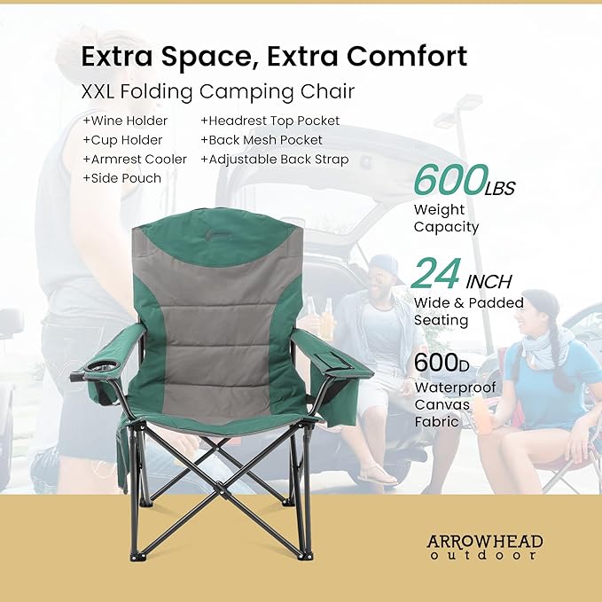ARROWHEAD OUTDOOR Oversized XXL Portable Folding Camp Chair w/Glass &amp Cup Holders Armrest Cooler Carry Bag 600 lbs Max Weight Load