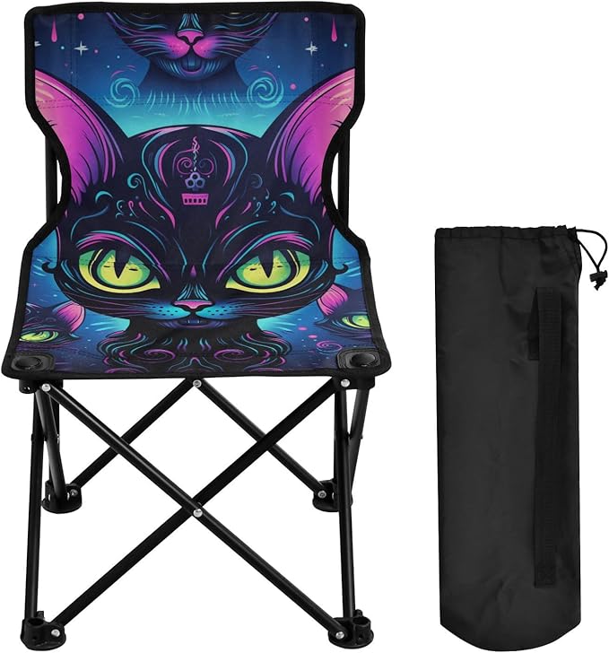 Fluorescent Black Cat Cool Portable Beach Chairs Ultra-Lightweight Backpack Chai for Adults Carry Bag Included Portable Chair for Waiting in Line