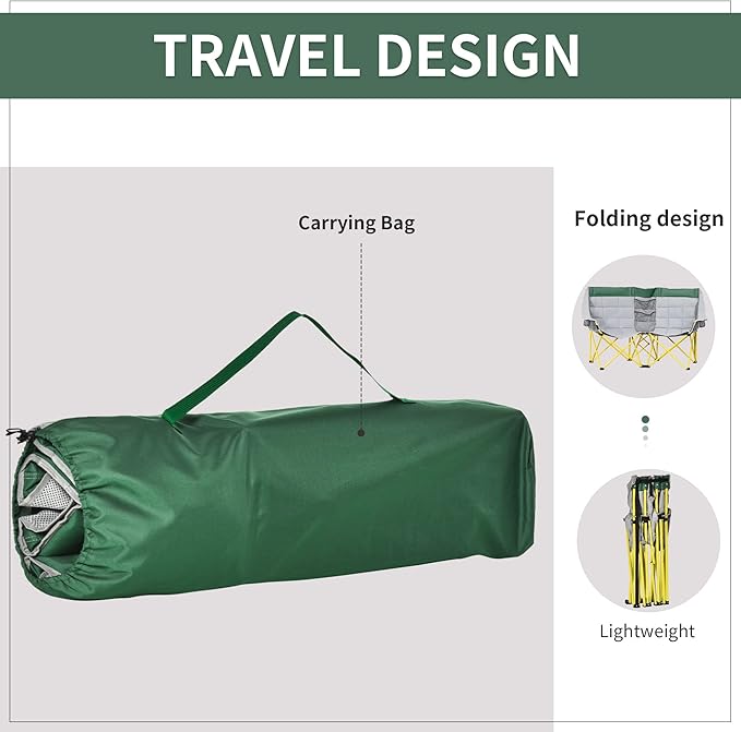 Loveseat Style Camping Chair Oversized Folding Lawn Chair with Carry Bag &amp Cup Holders for Outdoor Beach Picnic Hiking Travel Green &amp Gray