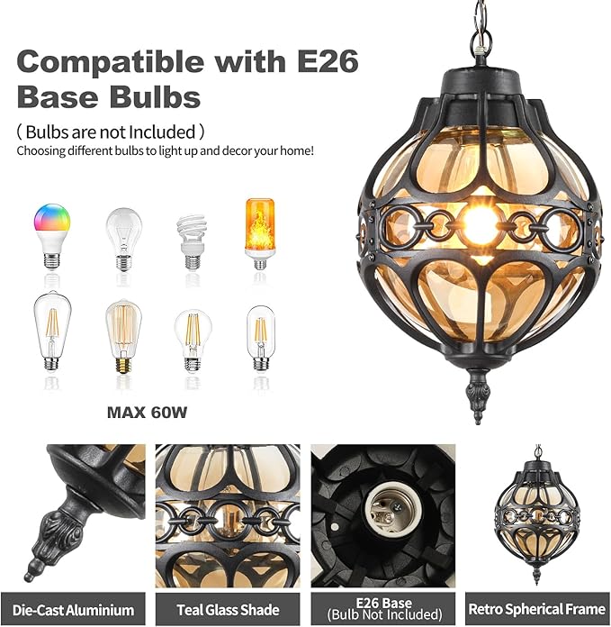 Globe Outdoor Pendant Lights for Porch Patio Garage Matte Black Aluminum Anti-Rust Hanging Light Fixture Industrial Round Amber Glass Exterior Chandelier Outside Pendant Lamp Lantern