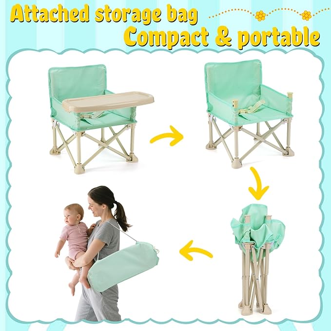 Baby Beach Chair for Toddlers 1-3 - Lightweight Foldable Baby Camping Chair with Tray and Storage Bag Easy to Clean Safe Kids Outdoor Lawn Chairs for Garden RV Travel (Green)