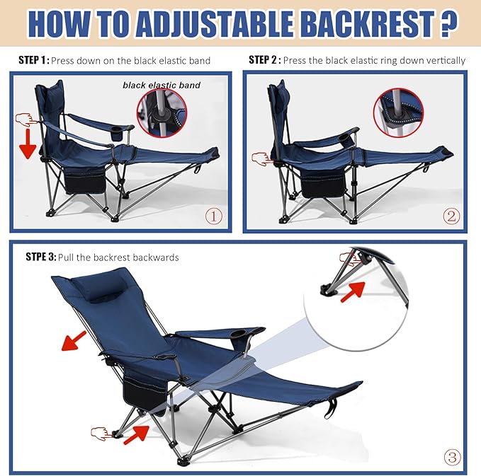 Reclining Folding Camping Chair with Removabel Footrest Adjustable Folde Camping Chair with Foot Rest Camp Lounge Outdoor Beach Chair Oxford Fabric Reclining Design with Pillow Cup Holder Blue