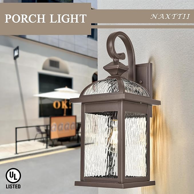 2 Pack Porch Lights Outdoor Waterproof Outside Lights for House ORB Finish 15 Inch Wall Light Fixtures with Water Ripple Glass E26 Socket